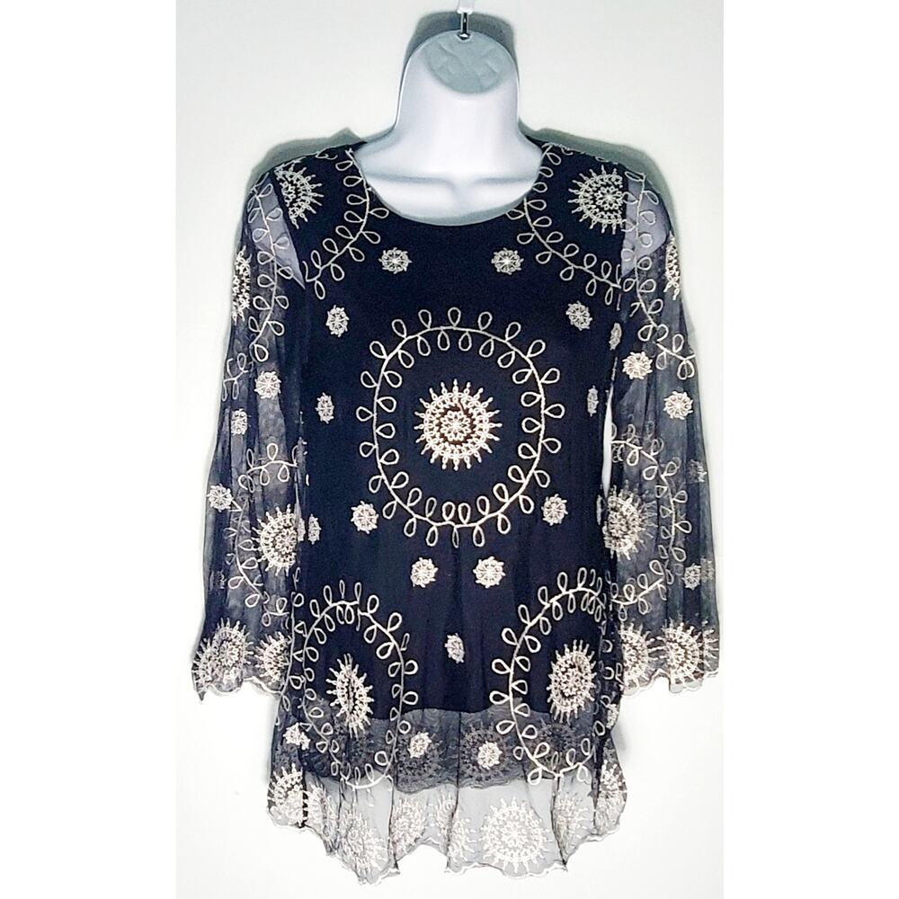 😺 Alfani Womens Black Mesh Embroidered Whimsicle Shirt Size PP Celestial Boho